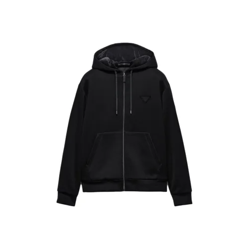 PRADA Technical Fleece Hooded Cardigan Coats Coats Men's Black