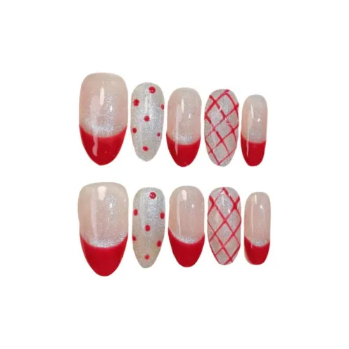 Gentle Welcome Полка Дот Клетчатый Французский Стиль False Nail Короткий Красный Смудж Кошачий Глаз