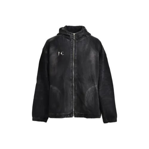 THUG CLUB FW24 Denim Hooded Jacket Denim Jacket Men's Black