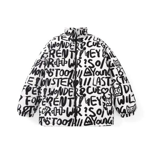 BT Letter Lapel Loose Fit Cotton Down Jacket Unisex Pink White with Black Pattern BT Письмо Отложной воротник Свободный крой Пуховая куртка Унисекс Розовый Белый с Черным узором