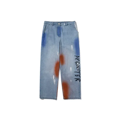 AMONSTER Прямой крой Джинсовые штаны Тонкие Унисекс Синий