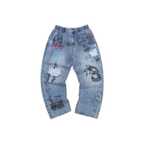 GENANX Прямой крой Брюки Джинсы Унисекс Джинсовый синий