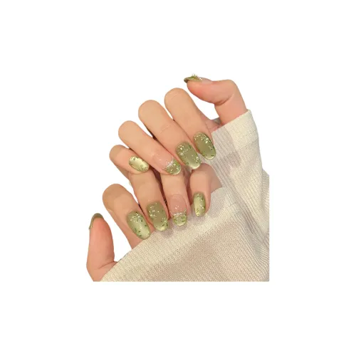 Yun Yue Joe Весна Infused HAND DRAWN Цветочный дизайн False Nail Овал Зеленый Градиентный Кошачий глаз