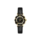 Золотой корпус, черный циферблат, черный ремешок.