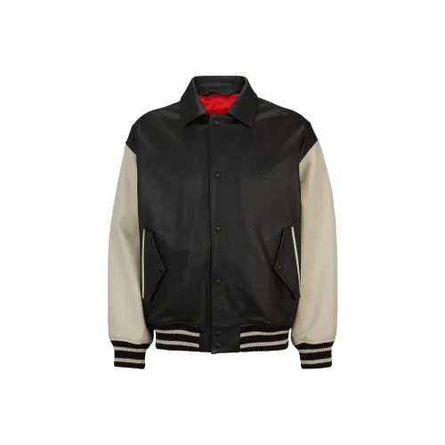 Hugo Boss FW23 Кожа VARSITY Куртка с OVERSIZED Тисненым Логотипом Куртки и Пальто Мужской Черный