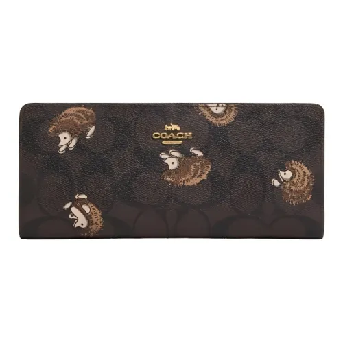 COACH Slim Wallet Холст с покрытием и гладкая кожа Держатель для карт кошелек Женские Коричневый Черный