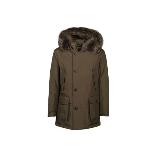 WOOLRICH Однотонный С капюшоном Свободный крой MID Длина Пуховая куртка Мужская Зеленая