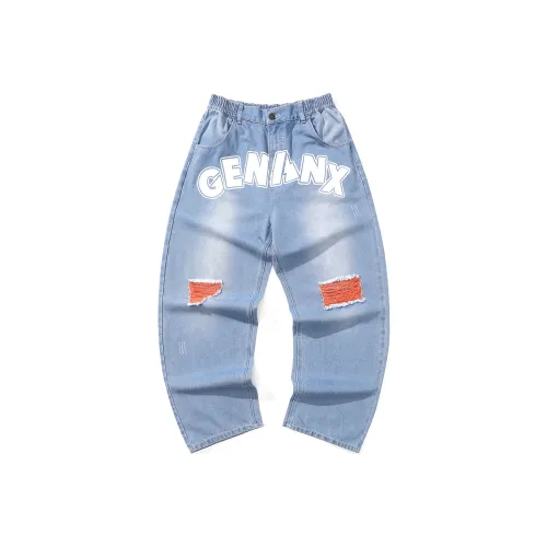 GENANX Прямой крой Брюки Джинсы Унисекс Джинсовый синий