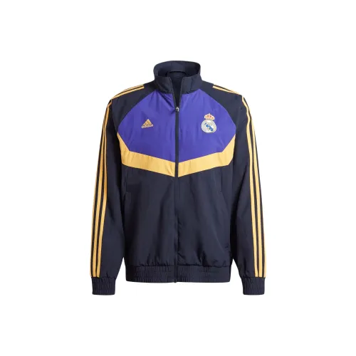 Adidas Real Madrid Woven Track Топ Спортивный Ретро Стиль Воротник-стойка Куртки Мужской Чернильно-синий