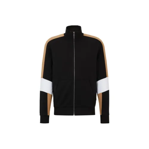 Hugo Boss Хлопковая Смешанная Толстовка ZIP UP с Цветовым Блокированием Куртки и Пальто Мужской Черный