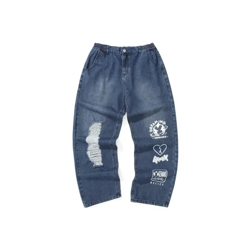 GENANX Прямой крой Брюки Джинсы Унисекс Джинсовый синий