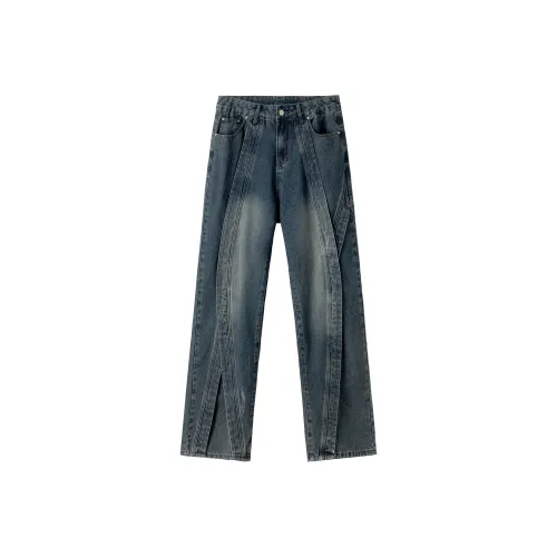 PILOTDRAGON Свободный крой Повседневные Прямые Джинсы Унисекс Темно-синий Синий