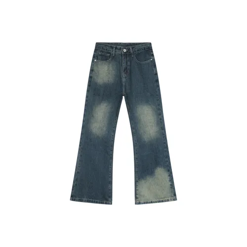 Voguo Relay Джинсы MID Шаговая посадка (передняя задняя посадка) Bootcut Брюки длиной до пола Унисекс Потертый Винтажный синий