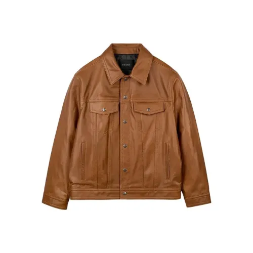 COACH SS24 Кожаная куртка мужская оранжево-красного цвета