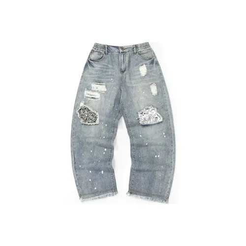 XXGOGO Прямой крой Брюки Джинсы Унисекс Джинсовая ткань Винтаж Синий