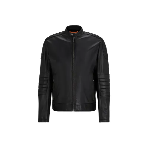 Hugo Boss Регулярный крой Куртка из кожи ягненка с деталями лоскутного шитья кожаная куртка мужская черная