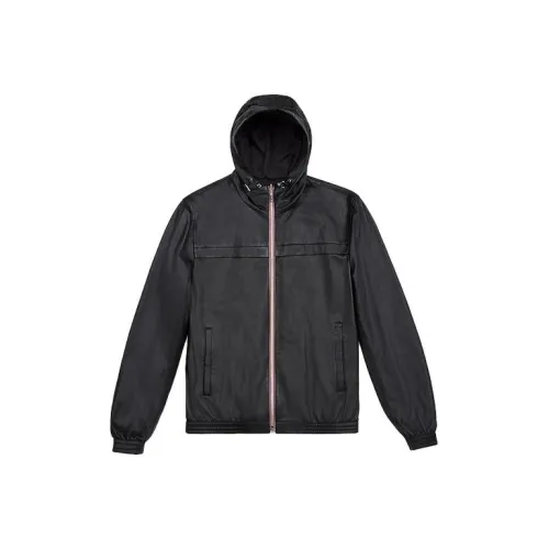 BALLY С капюшоном Длинный рукав Кожа Куртка Мужская Черная