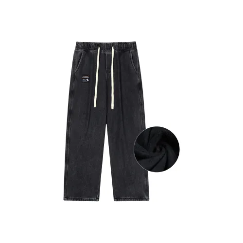 Antioffice Прямой крой Брюки Утолщенные And Флисовые Подкладочные Джинсы Зимние Мужские Черные