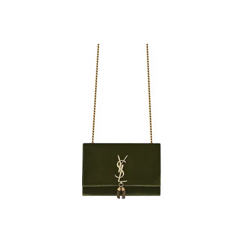 SAINT LAURENT Kate Бархат с кожаными вставками бахрома сумка через плечо маленькая женская темно-хаки