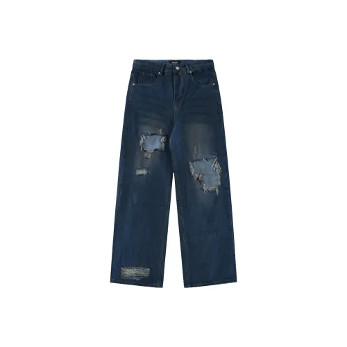 MAD WITCH Потертый Рваный Дизайн Этажные Джинсы Нишевая Роскошная Уличная Мода Свободный крой Унисекс Синий