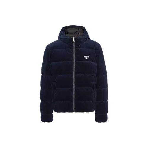 PRADA SS24 Cropped Velvet Down Jacket Coat Men's Blue PRADA SS24 Укороченный Вельвет Пуховик Куртки и Пальто Мужской Синий