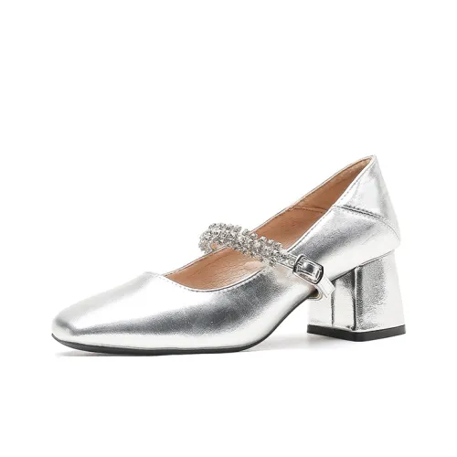 Bamiti Грубый каблук Туфли Мэри Джейн Женские Серебряные
