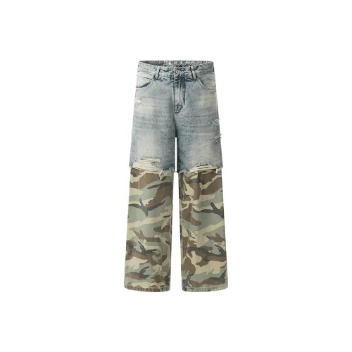 COOLALPACA Loose Fit Straight Cut Jeans Unisex Blue Camouflage COOLALPACA Свободный крой Прямой крой Джинсы Унисекс Синий Камуфляж