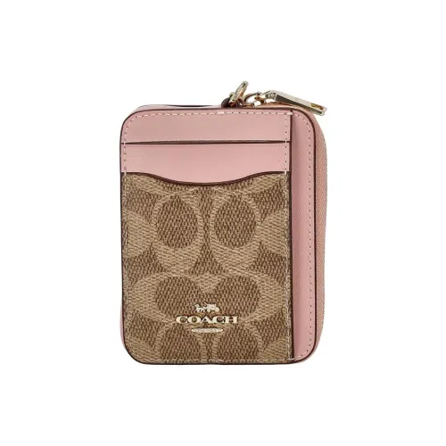 COACH Карточный чехол с покрытием Холст Держатель для карт Мини Женский Коричневый и Розовый