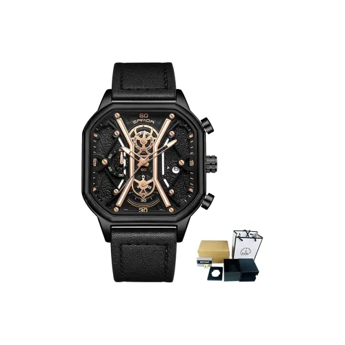 Sanda Кварцевый механизм кожаный ремешок мужские часы циферблат с открытым механизмом