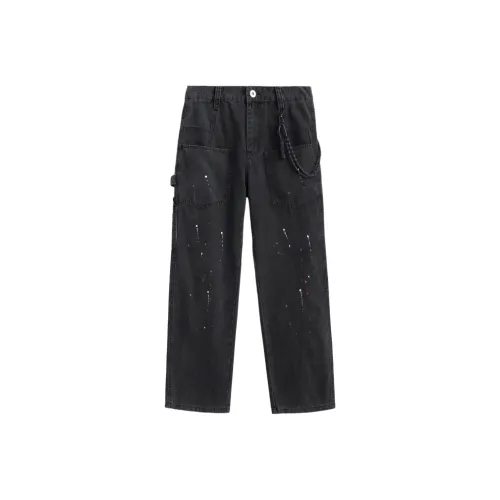 UKTK Джинсы Мужские Черные с Чернильными Брызгами Включает Обхват Талии Ремень