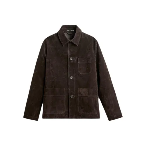 ZARA Кожа Куртка Мужская Темно-Коричневая