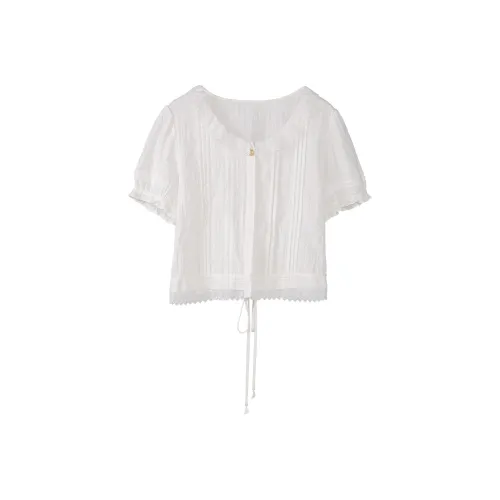 Fstudio Корейский стиль 100% хлопок Круглый вырез HIGH RISE Модный Кружевная отделка Топ Короткий рукав Т-рубашка Женская Белая