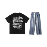 Комплект одежды (Черная рубашка с коротким рукавом + Темно-синие джинсы) с ожерельем