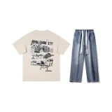 Комплект одежды (Абрикосовая короткая рукавная футболка + темно-синие джинсы) в комплекте с ожерельем