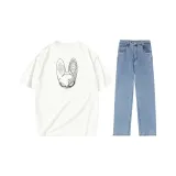 Set (Ecru T-Shirt + Ice Blue Jeans with a Distressed Look)  
Комплект (Ecru Футболка + Ice Blue Джинсы с потертым эффектом)