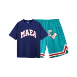 Темно-синий комплект (темно-синий топ + синие зеленые штаны)