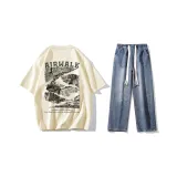 Комплект (Абрикосовая футболка + Темно-синие джинсы)