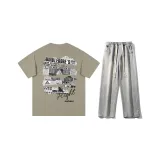 Комплект одежды (Хаки зеленая рубашка с коротким рукавом + Светло-синие джинсы) с ожерельем