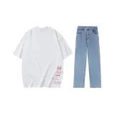 Set (Белая футболка + джинсы цвета ледяного синего с эффектом потертости)