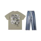 Комплект одежды (Хаки зеленая рубашка с коротким рукавом + Темно-синие джинсы) В комплекте с ожерельем