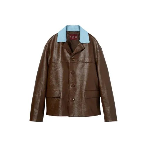 GUCCI SS25 Кожаная куртка мужская темно-коричневого цвета