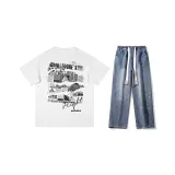 Комплект одежды (Белая короткая футболка с коротким рукавом + Темно-синие джинсы) В комплекте с ожерельем