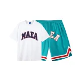 Белый и синий комплект (белый топ + синие зеленые штаны)