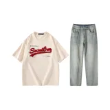 Комплект одежды (Абрикосовая короткая футболка с коротким рукавом + джинсы)