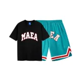 Чёрный синий комплект (чёрный топ + синие зелёные штаны)