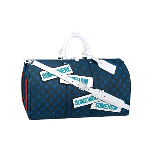 LOUIS VUITTON Keepall Monogram Coated Canvas Travel Bag Portable Crossbody Bag Shoulder Bag Men's Blue LOUIS VUITTON Keepall Монограмма Покрытый холст Путешественная сумка Портативная сумка через плечо Мужская синяя