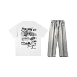 Комплект одежды (Белый короткий рукав топ + Светло-синие джинсы) с ожерельем