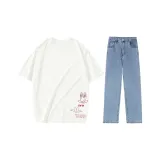 Set (Ecru T-Shirt + Ice Blue Jeans with a Distressed Look)  
Комплект (Ecru Футболка + Ice Blue Джинсы с потертым эффектом)