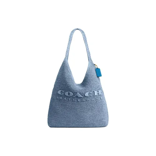 COACH Brooklyn Плетеная соломенная сумка через плечо большая женская синяя