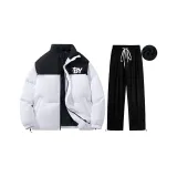 Утолщенный и с флисовой подкладкой комплект (белый топ + черные штаны) улучшенный, ветрозащитный, с откладным воротником